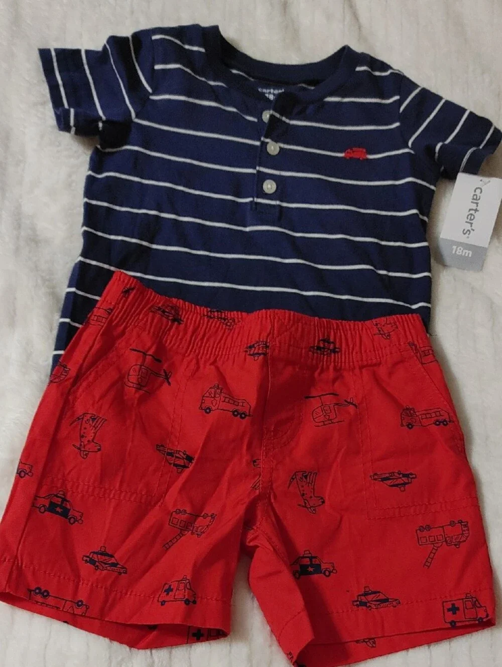 2 PC Carter's Navy Striped Henley Top with Red Vehicle Print Shorts.